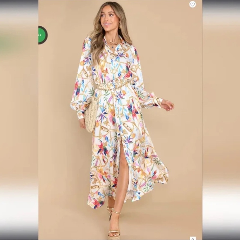 Aura White Long Sleeve Maxi Dress with Multicolor Floral & Chain Print